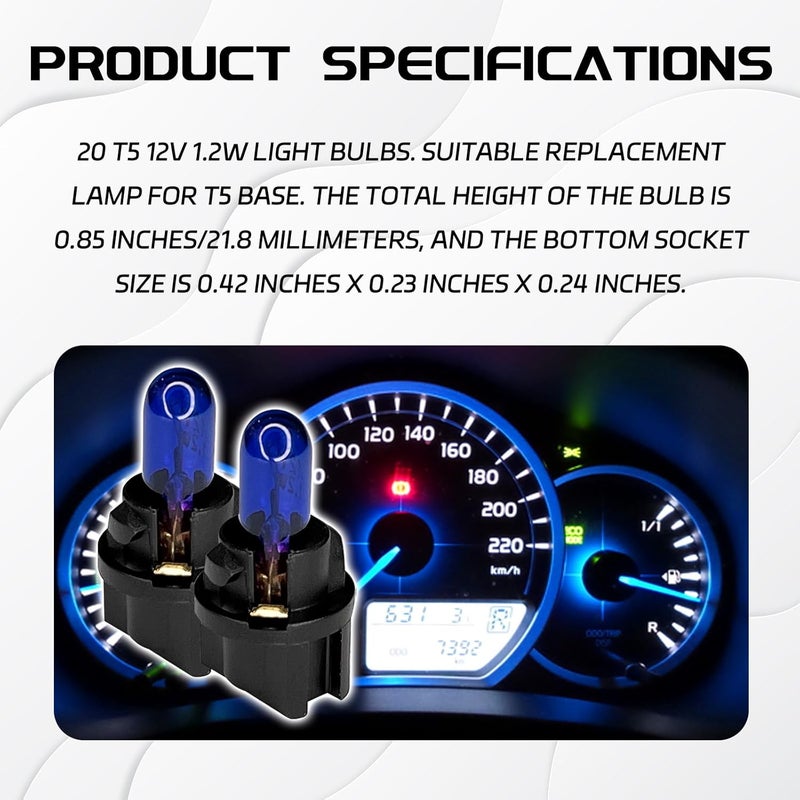 QQWD 20 قطعة T5 17 57 86 مصابيح هالوجين لمجموعة العدادات، 12 فولت ضوء لوحة القيادة لداخل السيارة، مصباح بديل لمجموعة العدادات مع مقابس T5، ملحقات إضاءة عالمية (أزرق) - Image 3